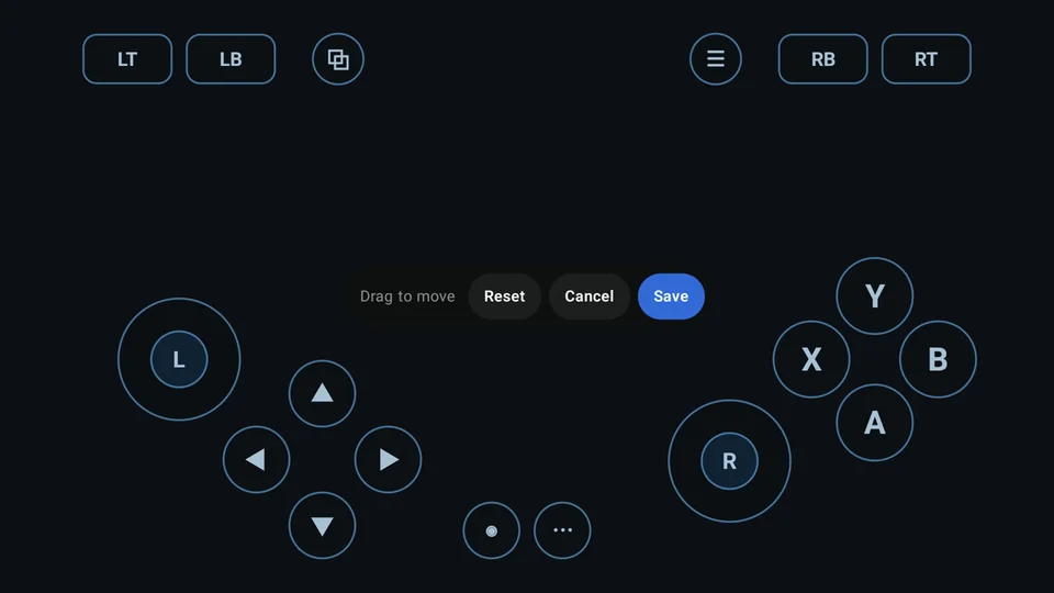 DroidDeck 屏幕手柄编辑器，显示摇杆、方向键与 ABXY 按键